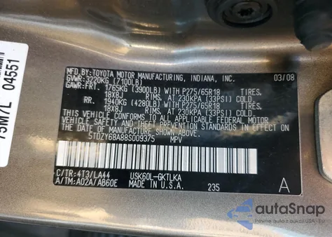 2008 Toyota Sequoia Limited from USA, damaged, VIN 5TDZY68A88S009375